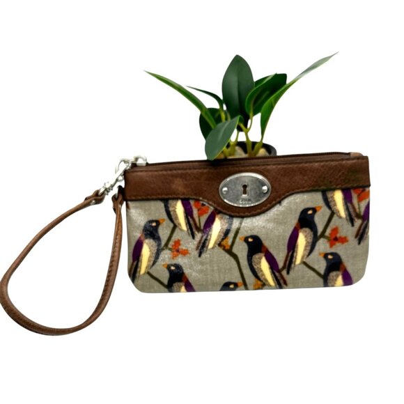 Fossil Key Per Bird Print Wristlet Purse With Brown Leather Trim & Multiple Comp - Picture 2 of 10